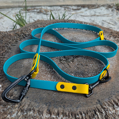 Teal multifunction dog leash with yellow accents and black clips on a palm tree stump and sandy beach background