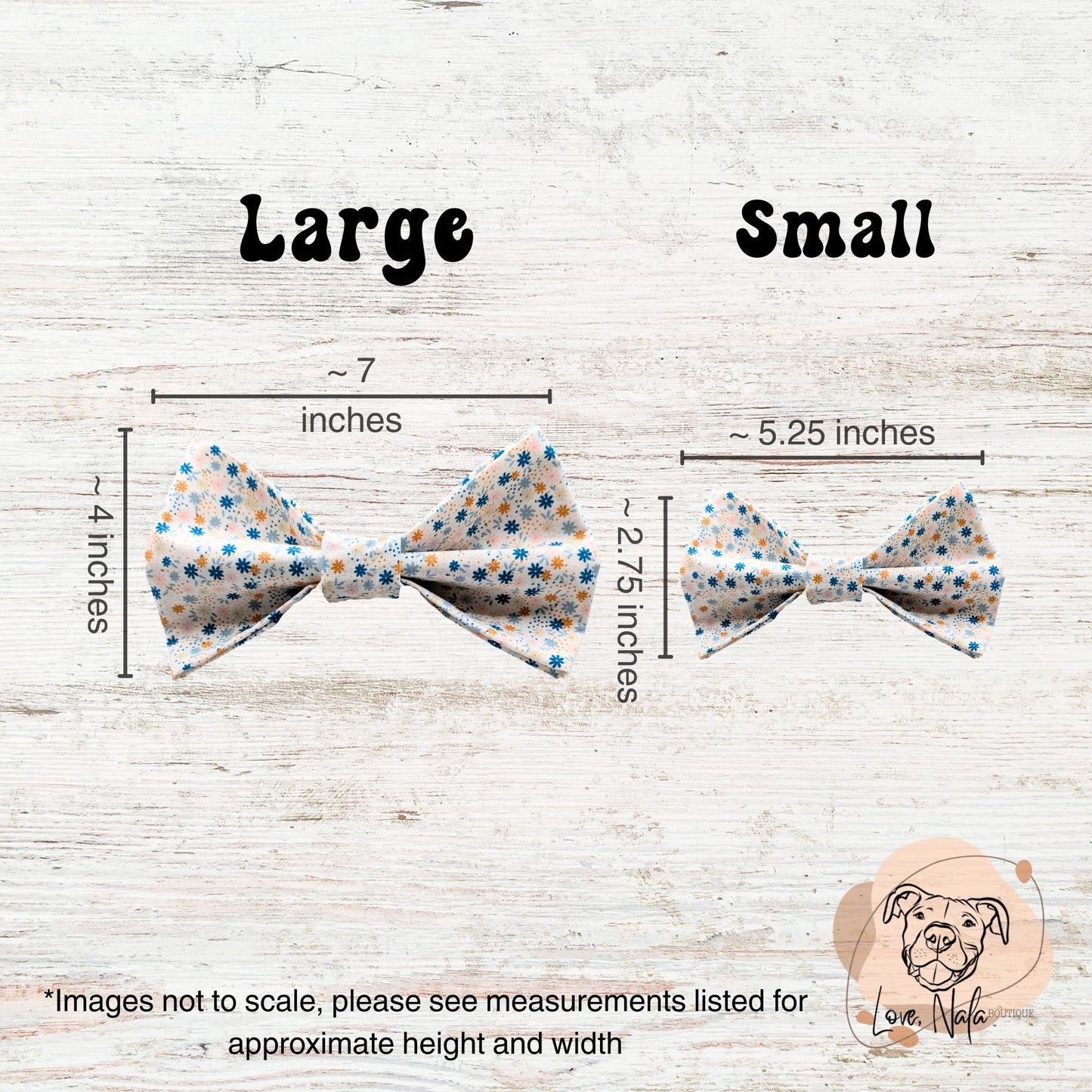 Two dog bow ties with measurements labeled 'Large' and 'Small' on a wooden surface.