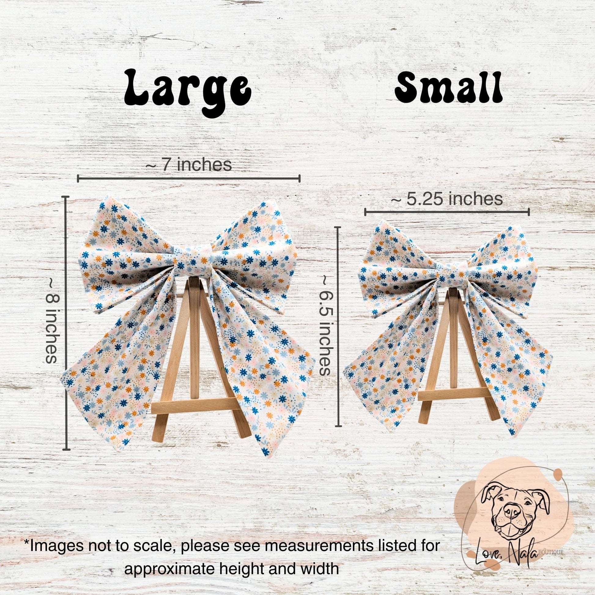 Two decorative bows with measurements on a wooden background