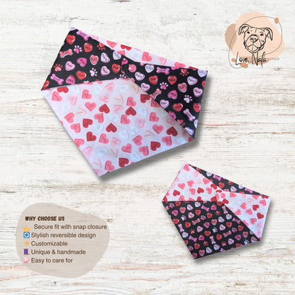 Two patterned dog bandanas on a wooden surface with a small dog illustration in the corner.