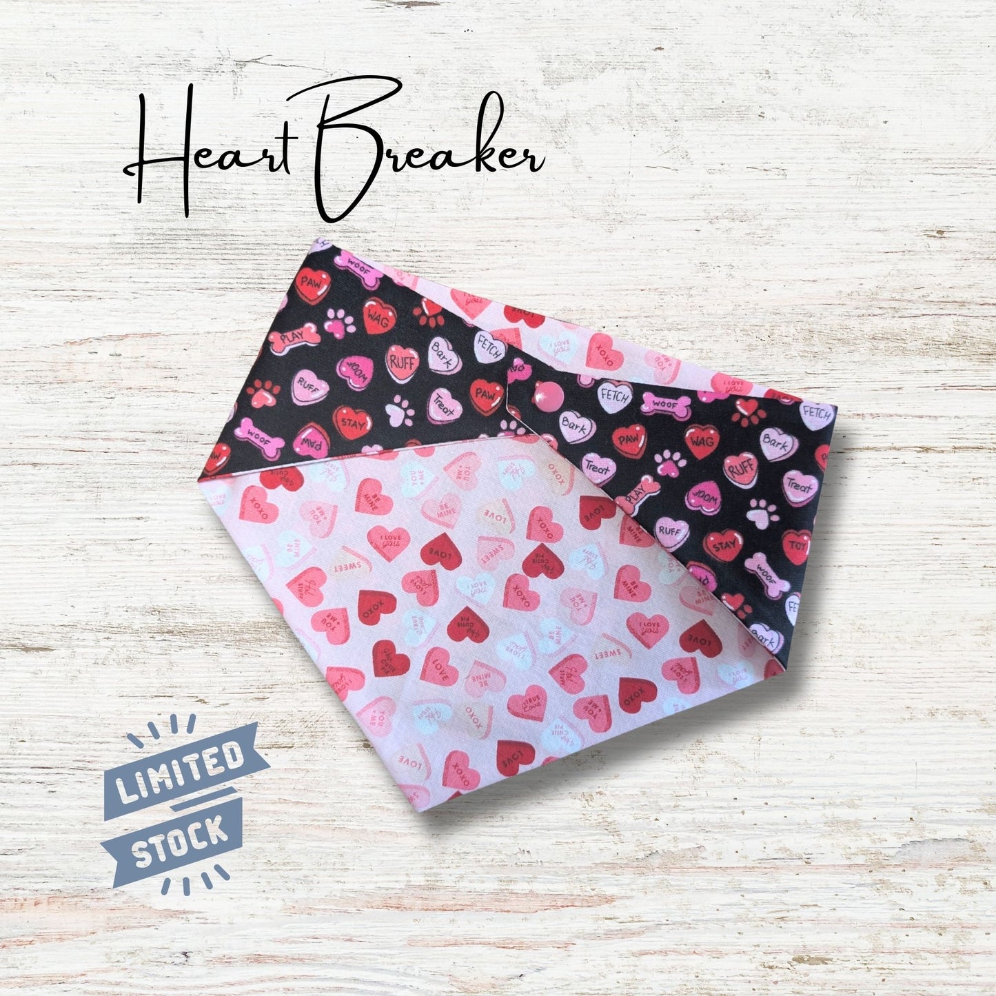 Heart-themed bandana with 'Heart Breaker' text and 'Limited Stock' label on a light wooden background