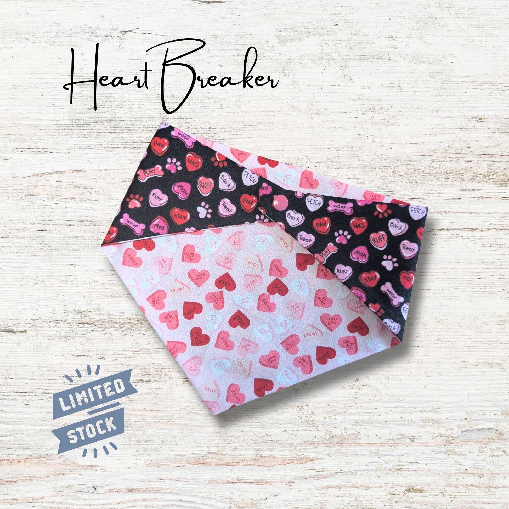 Heart-themed bandana with 'Heart Breaker' text and 'Limited Stock' label on a light wooden background