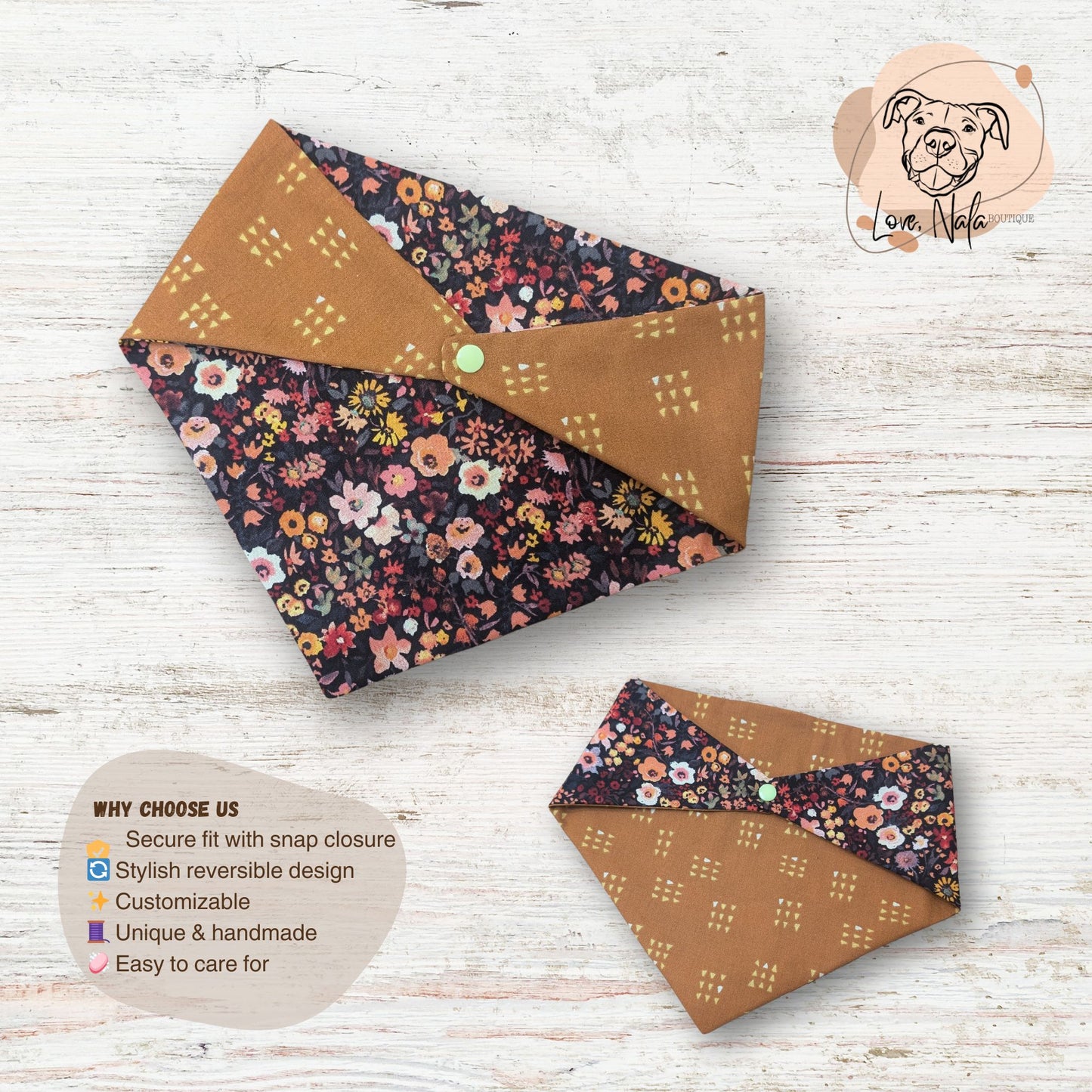 Floral and brown patterned bandanas on a wooden surface with a dog brand logo.