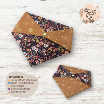 Floral and brown patterned bandanas on a wooden surface with a dog brand logo.